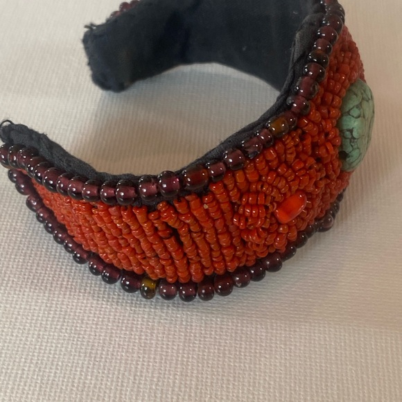 NavajoTrue Coral hand beaded Adjustable bracelet w TURQUOISE. - Picture 6 of 8